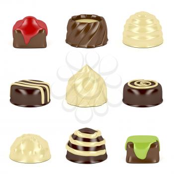 Nine different types of chocolate candies on white background