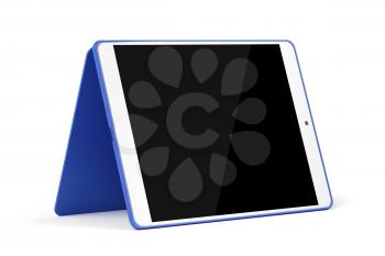 Tablet computer with blue cover on white background