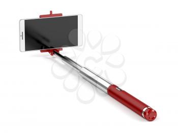 Selfie stick with mobile phone on white background 