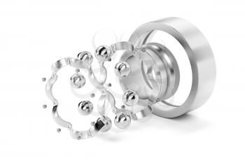 Disassembled ball bearing on white background 