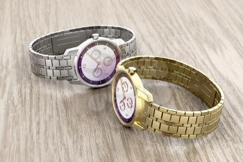 Gold and silver wrist watches on wooden background 