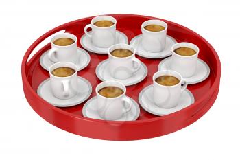 Red plastic tray, full with espresso coffee cups on white background