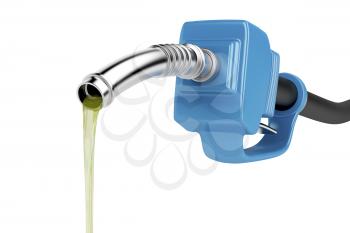 Pouring fuel with blue pump nozzle, isolated on white background 