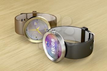 Silver and gold luxury smart watches on wood table