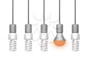 Unique glowing LED light bulb, among other light bulbs 