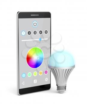 Color changing LED light bulb and smartphone on white background