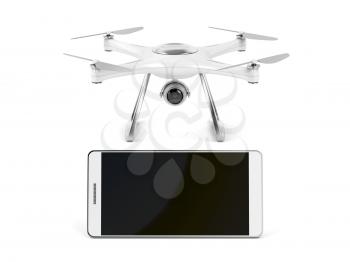 Smartphone with blank display and drone on white background