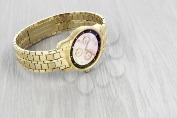 Luxury gold wrist watch on wood background 