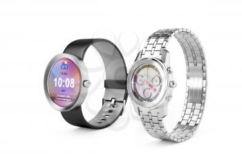 Smartwatch and silver wristwatch on white background