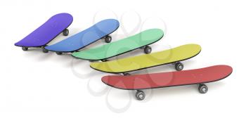Group of skateboards with different colors on white background 