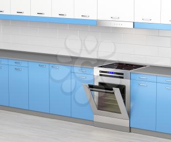 Electric cooker with induction cooktop and range hood in the kitchen