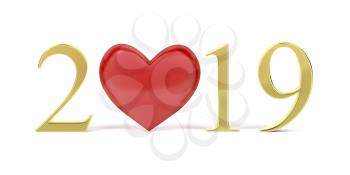 Happy new year 2019 with red heart and golden numbers