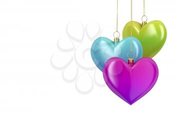 Colorful heart shaped Christmas ornaments on white background