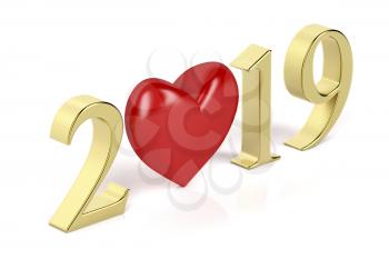 Happy new year 2019 card with gold numbers and red heart 