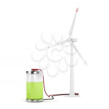 Concept image with wind turbine charging the battery