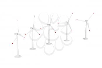 Group of wind turbines generating electricity on white background 