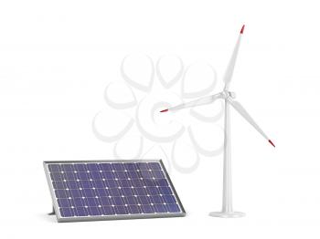 Solar panel and wind turbine on white background