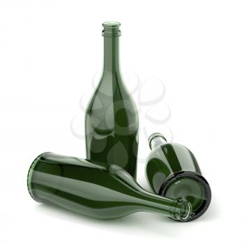Three empty bottles for alcoholic beverages on white background