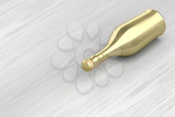 Golden champagne bottle on wood table