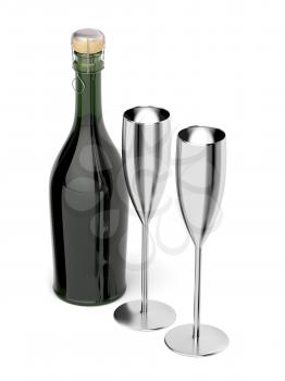Pair of silver champagne flutes and bottle on white background