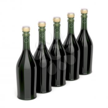 Row with champagne bottles on white background