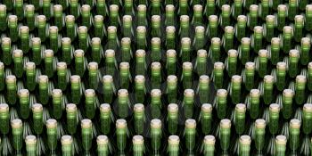 Multiple rows with champagne bottles, close up 