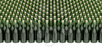 Many rows with champagne bottles, 3D illustration 