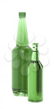 Plastic and glass beer bottles on white background 