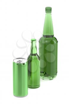 Three different types of beer containers, plastic and glass bottles and can