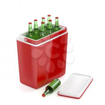 Red cooling box with beer bottles on white background