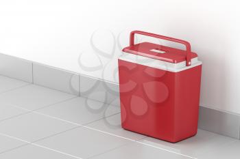 Handheld red refrigerator on the floor