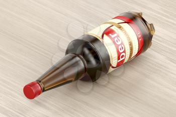 Plastic beer bottle on wood table 