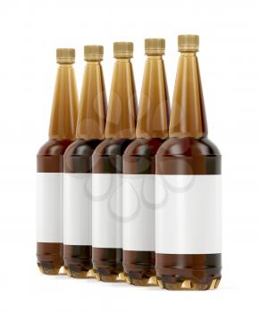 Row of five plastic beer bottles with blank labels