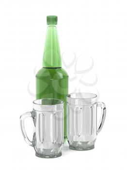Big plastic beer bottle and two empty mugs on white background