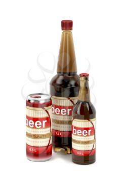Different types of beer packagings on white background