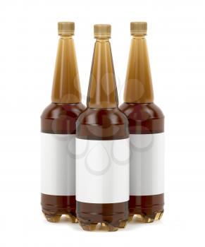 Three big plastic beer bottles with blank labels on white background 