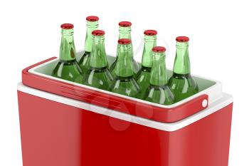Red cooling box with beer bottles, 3D illustration