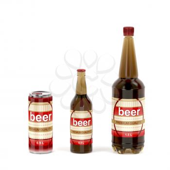 Different types of beer containers on white background 