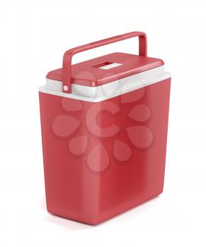 Red portable refrigerator on white background 
