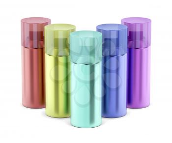 Aerosol spray cans with different colors on white background