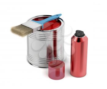 Paintbrush, paint can and spray with red color