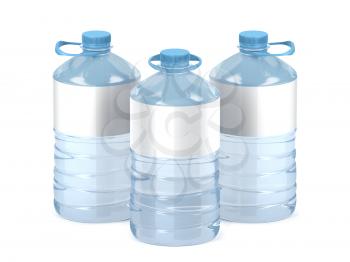 Big plastic water bottles with blank labels on white background