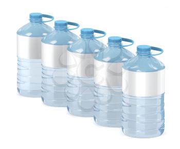 Row of five big water bottles on white background