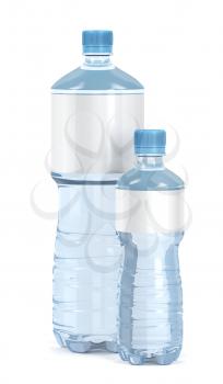 Small and big water bottles with blank labels on white background
