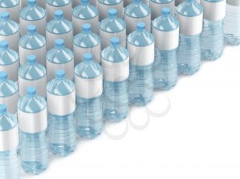 Many rows with plastic water bottles, 3D illustration 