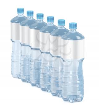 Row of six water bottles on white background 