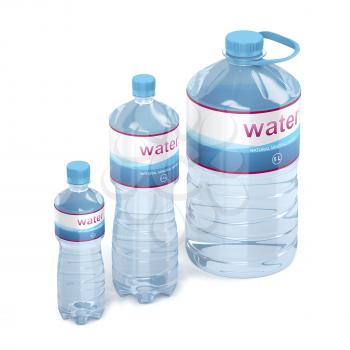 Plastic water bottles with different sizes on white background