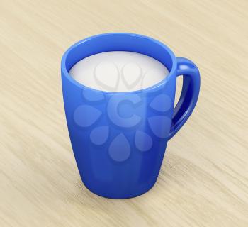 Blue ceramic mug full with milk on wooden table