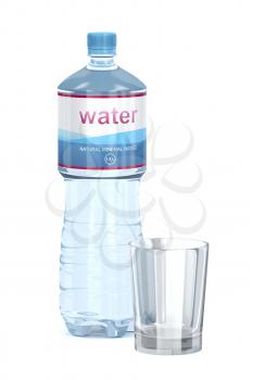 Water bottle and empty glass cup on white background