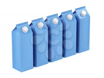 Row of blue containers for milk or other beverages on white background